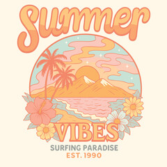 Colorful Summer Vibes Vector Print - Beach Graphic Design with Sun & Flower Artwork for T-Shirts, Stickers & Posters