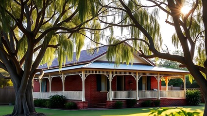 A charming red brick home with a wide veranda under the shade of eucalyptus trees.