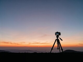 Photography equipment on tripod against sunset horizon. Camera tripod silhouetted on hill  