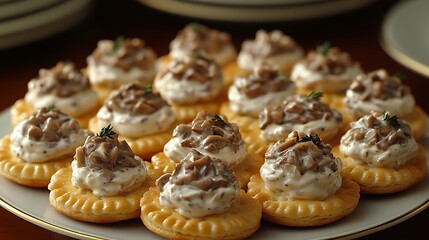 Small, round pastries topped with a mushroom cream filling.