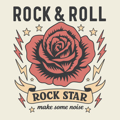 Rock and Roll Tour T-Shirt Print - Vintage Music Poster Design with Rose Flower Graphic Illustration - Band Merch Style