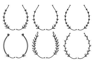 Hand drawn black floral and laurel wreath semicircle vector collection