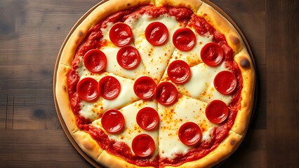 Pepperoni pizza with melted cheese, captured on a rustic wooden background for a delicious appeal.