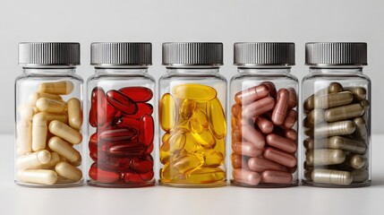 Five Glass Bottles Filled with Different Colored Capsules