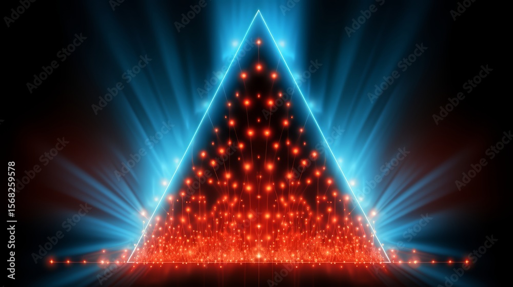 Wall mural bright blue and red triangle with many lights shining on it. the lights are arranged in a way that c