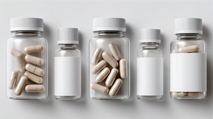 Five Pill Bottles with Capsules and Blank Labels