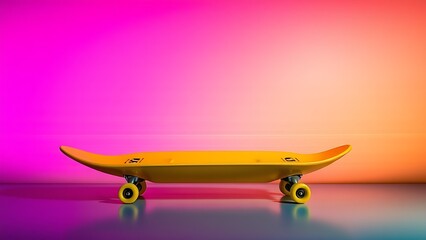 A vibrant yellow skateboard against a neon gradient background, exuding dynamic energy.