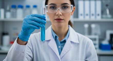 Close-Up Female Scientist with Test Tube of Blue Liquid in Lab AI Generative