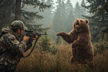 Bear hunting. The hunter takes aim at the bear.