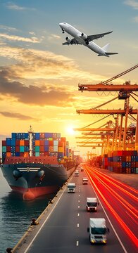 Cargo Ship and Airplane at Port with Cranes