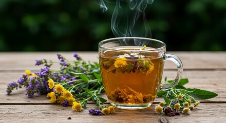 High-Resolution Steaming Herbal Tea Cup with Fresh Herbs on Wooden Table AI Generative