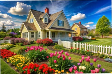 classic house with flower garden