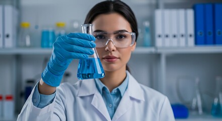 Close-Up Female Scientist with Test Tube of Blue Liquid in Lab AI Generative