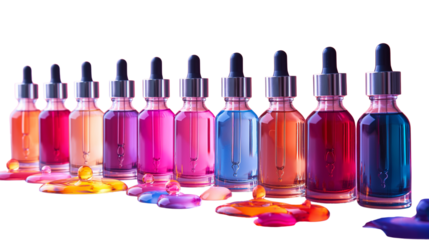 Glossy gradient serum bottles with spilled vibrant pigments & perfect for skincare branding and colorful cosmetic promotions. Transparent PNG.