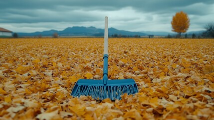 Blue rake amidst a field of autumn leaves.