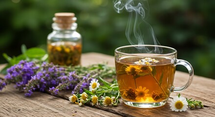 Steaming Herbal Tea Cup with Fresh Flowers and Herbs in Warm Morning Light AI Generative