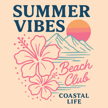 Summer vintage beach graphic print - hand sketched flamingo & surfboard design for t-shirts and posters