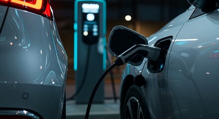 Dynamic Action Shot of Electric Car Charging at Modern Futuristic Station AI Generative