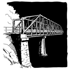 Fototapeta premium Railway Bridge: A striking monochrome illustration of a railway bridge, the strong lines and shadows highlighting its industrial design and the landscape.