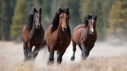 Fototapeta premium Wild horses galloping across a sun drenched meadow