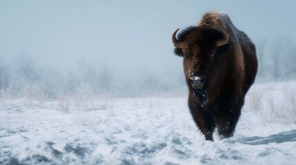 Bison walking across a snowy field