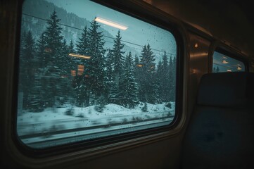 A window on a moving train in winter . View from the train.