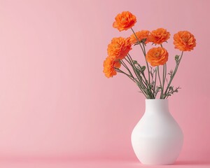 Obraz premium Orange Flowers in White Vase on Pink Background