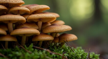 Vibrant Autumn Mushroom Cluster on Mossy Forest Floor Macro Shot AI Generative