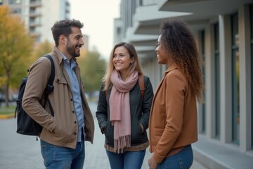 Obraz premium Group of smiling multiracial partners talking on tiled pavement near building while looking at each other