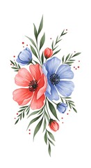 Vibrant Watercolor Floral Bouquet Illustration with Red and Blue Flowers and Green Leaves