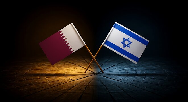 Qatar and Israel flags crossed on a dark wooden surface symbolizing relations