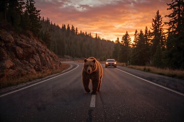 A brown bear on a highway. A car is coming the other way.