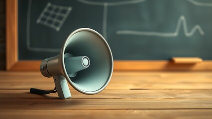 Close-up of a megaphone on wood with blackboard, symbolizing communication and ideas.