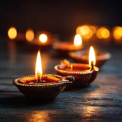Diwali celebration with burning oil lamps, simple background