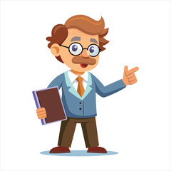 Cartoon professor with a book is pointing isolated on white background