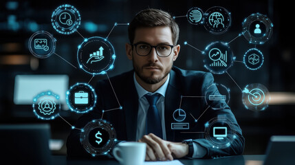 Focused professional in suit is surrounded by digital HR icons, symbolizing organization and efficiency