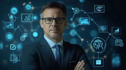 Confident professional stands with digital business networking icons surrounding him, symbolizing modern entrepreneurship management