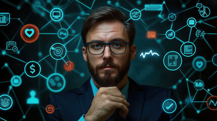Thoughtful man in glasses surrounded by digital business icons, symbolizing organized resources management