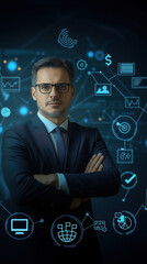 Confident businessman stands with arms crossed, surrounded by digital business icons and data graphics, symbolizing modern professional solutions