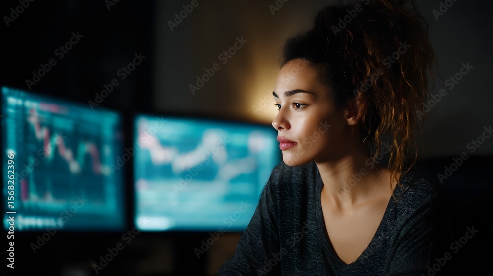 Poster woman analyzing options on multiple monitors in a workspace setting