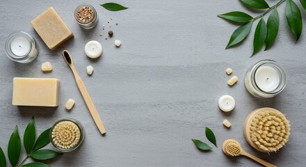 Zero Waste Bathroom Essentials Flat Lay on Stone Countertop with Green Leaves AI Generative
