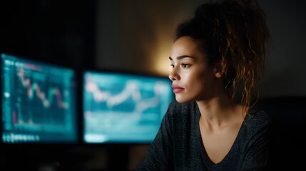 Woman analyzing options on multiple monitors in a workspace setting