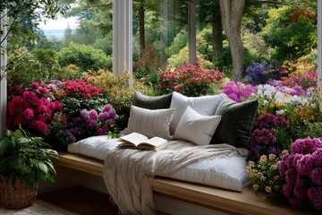 Cozy reading nook surrounded by vibrant flowers and lush greenery on a sunny day