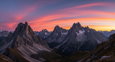 Wide-Angle Breathtaking Mountain Landscape at Sunrise with Snow-Capped Peaks AI Generative