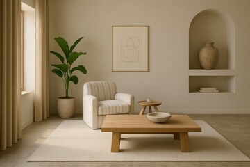 Minimalist living room with striped armchair wooden furniture potted plant and neutral decor