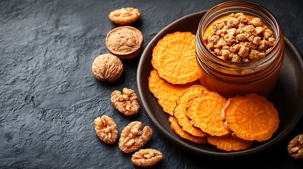 Sweet potato puree in a glass jar topped with crumble and served with sliced sweet potato.