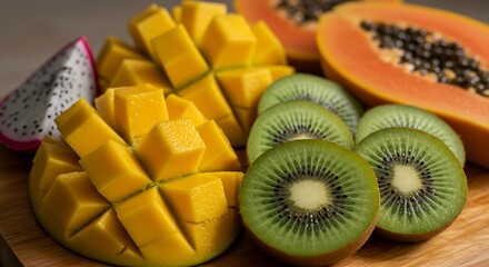 Close-Up Vibrant Tropical Fruits Sliced on Wooden Board with Juicy Details AI Generative