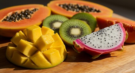 Close-Up Vibrant Tropical Fruits Sliced on Wooden Board with Juicy Details AI Generative