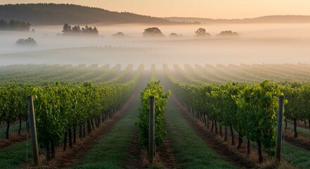 Fototapeta premium Vineyard rows stretch into the distance under a blanket of morning fog