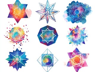 Set of watercolor vector geometric mandala illustrations Polygonal star shape round frames Watercolour texture with colorful stains background Sacred geometry